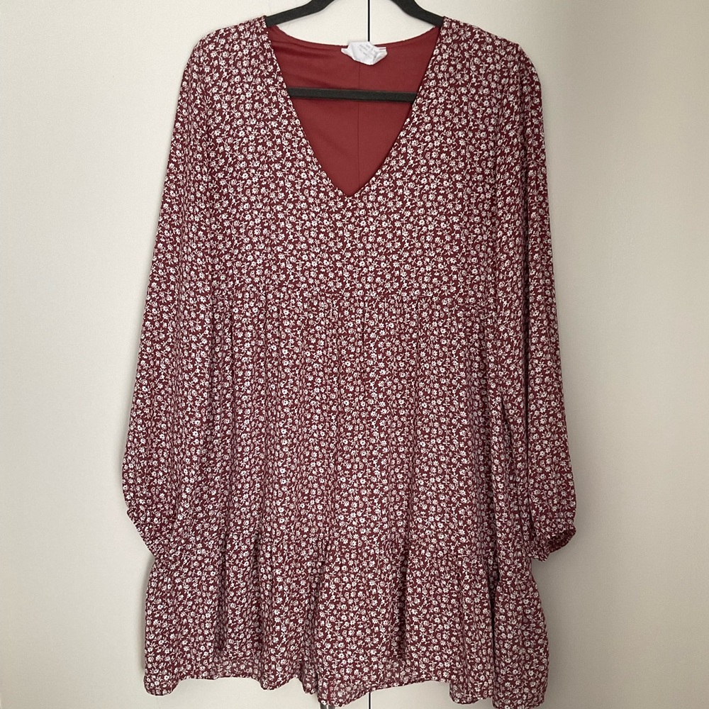 Sadie & Sage Red Orange Tiered Sundress with Bishop Sleeves